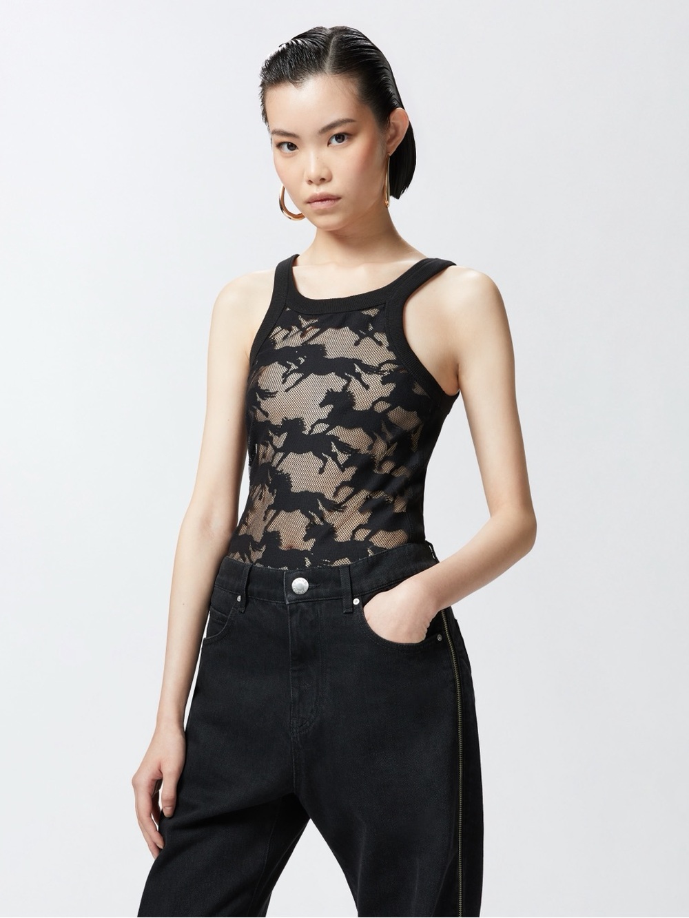 Reimagine Pinko black semi transparent mesh front tank, Size S, NWT - Picture 5 of 14